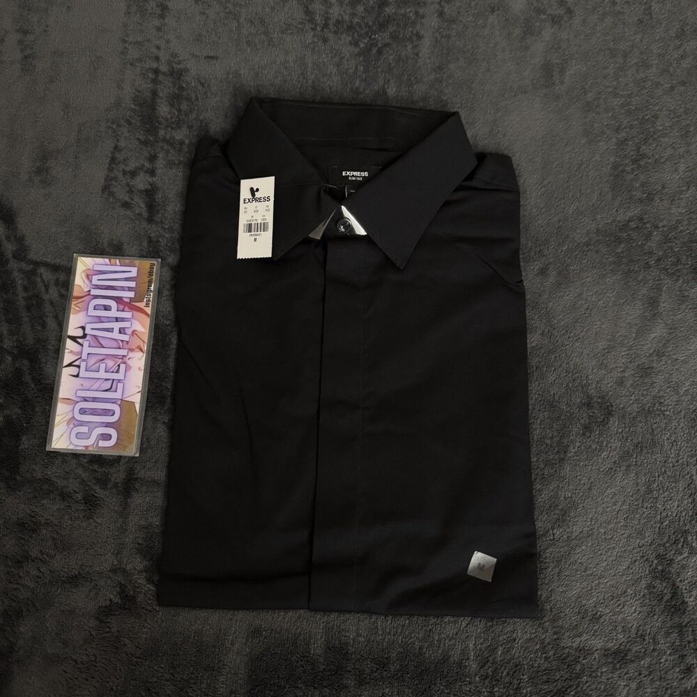 Express Slim 1MX Dress Shirt Men's M Black Covered Placket Hidden Button Stretch
